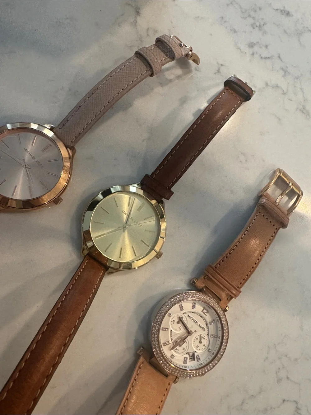 Michael Kors Trio Leather Strap Watches in Beige, Brown and Tan